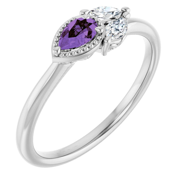 14K Gold Pear Natural Amethyst Accented Ring - White Gold