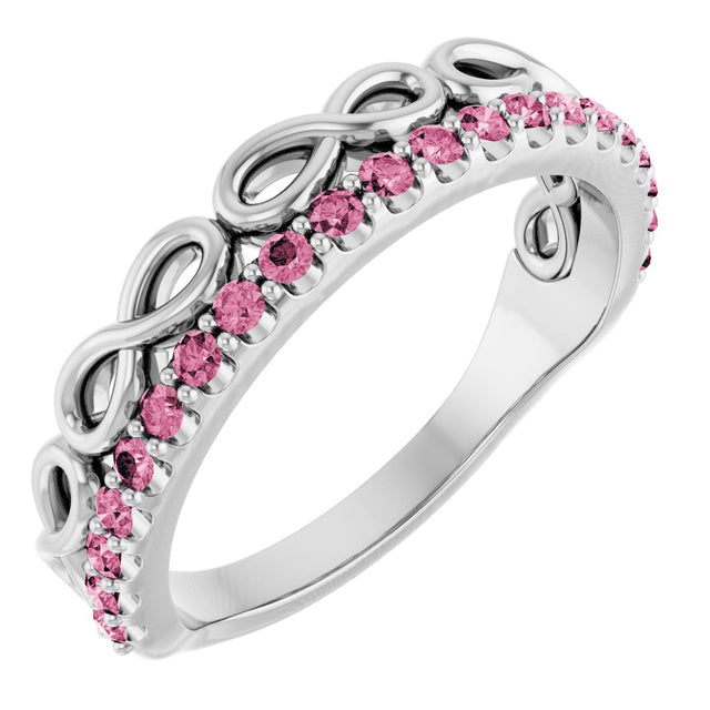 14K Gold Round Natural Pink Tourmaline Infinity-Inspired Stackable Ring - White Gold
