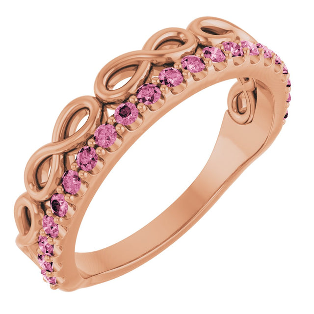 14K Gold Round Natural Pink Tourmaline Infinity-Inspired Stackable Ring - Rose Gold