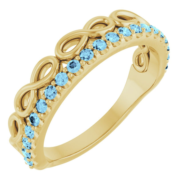 14K Gold Round Natural Aquamarine Infinity-Inspired Stackable Ring - Yellow Gold