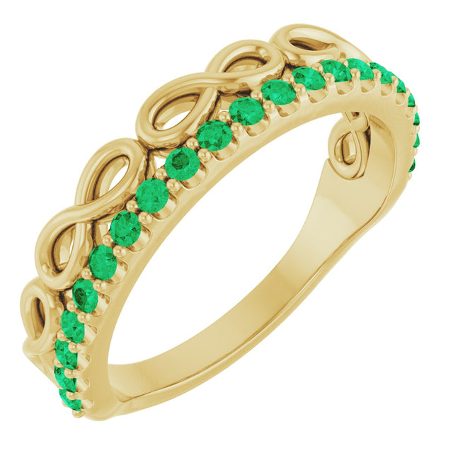 14K Gold Round Natural Emerald Infinity-Inspired Stackable Ring - Yellow Gold