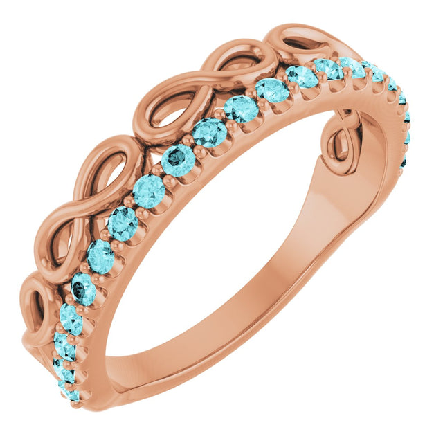 14K Gold Round Natural Blue Zircon Infinity-Inspired Stackable Ring - Rose Gold