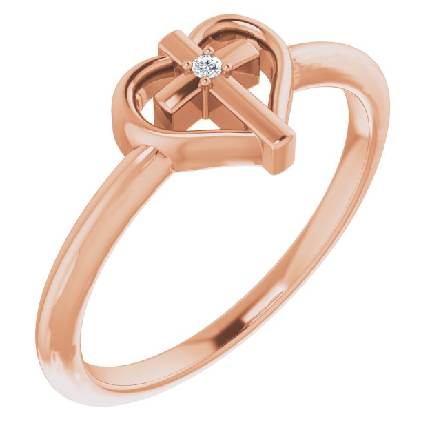 14K Gold Round Natural Diamond Accented Cross & Heart Ring - Rose Gold
