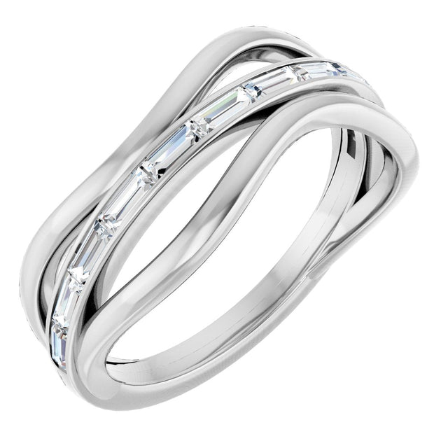 14K Gold Straight Baguette Natural Diamond Accented Freeform Ring - White Gold