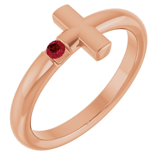 14K Gold Round Natural Ruby Sideways Cross Ring - Rose Gold
