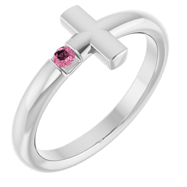 14K Gold Round Natural Pink Tourmaline Sideways Cross Ring - White Gold