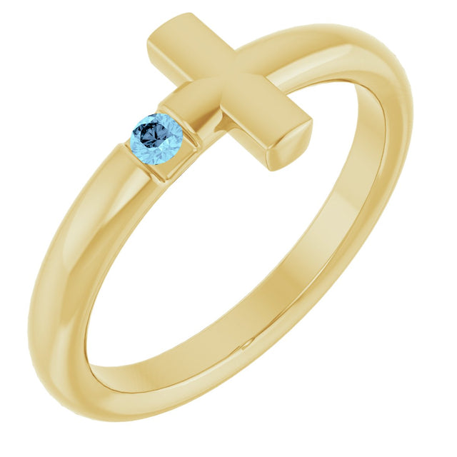 14K Gold Round Natural Aquamarine Sideways Cross Ring - Yellow Gold