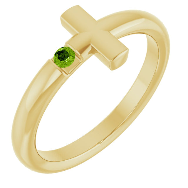 14K Gold Round Natural Peridot Sideways Cross Ring - Yellow Gold