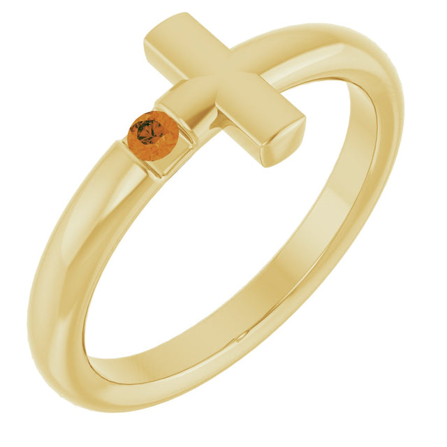 14K Gold Round Natural Citrine Sideways Cross Ring - Yellow Gold