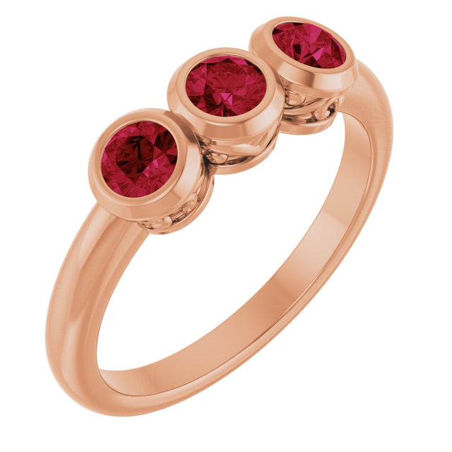 14K Gold Round Lab-Grown Ruby Three-Stone Bezel-Set Ring - Rose Gold