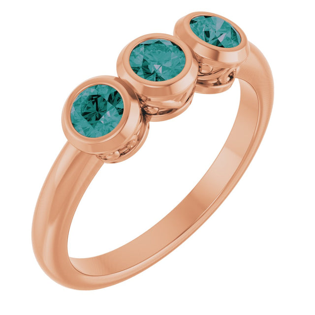 14K Gold Round Natural Alexandrite Three-Stone Bezel-Set Ring - Rose Gold