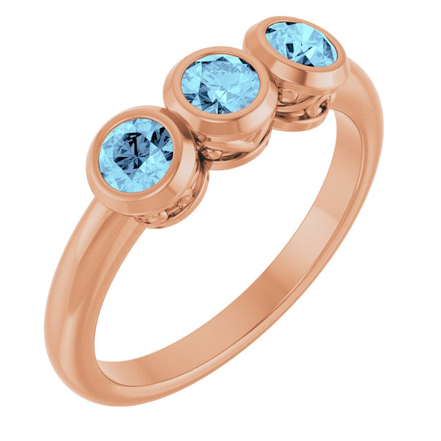 14K Gold Round Natural Aquamarine Three-Stone Bezel-Set Ring - Rose Gold