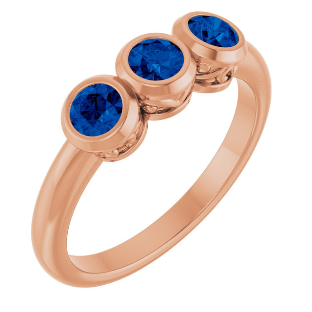 14K Gold Round Lab-Grown Blue Sapphire Three-Stone Bezel-Set Ring - Rose Gold