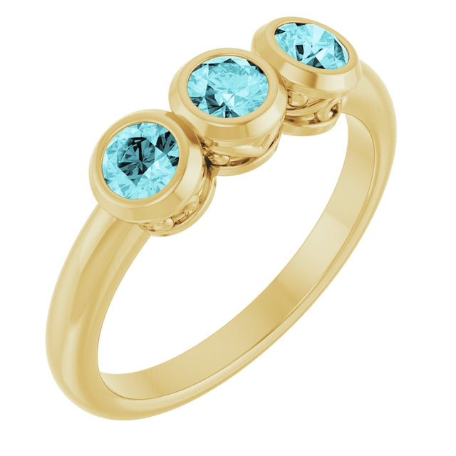 14K Gold Round Natural Blue Zircon Three-Stone Bezel-Set Ring - Yellow Gold