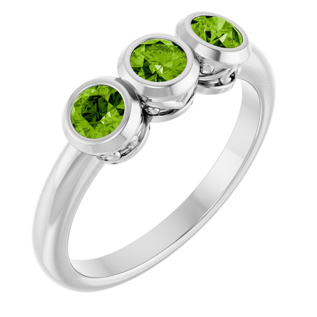 Platinum Round Natural Peridot Three-Stone Bezel-Set Ring