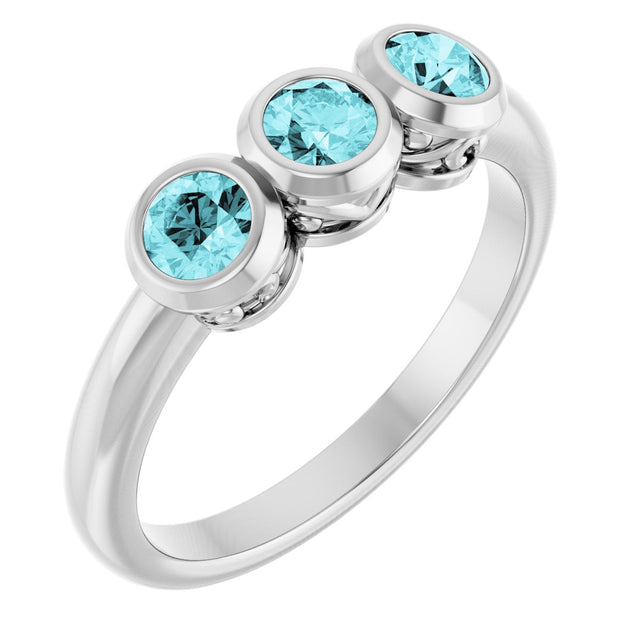 Platinum Round Natural Blue Zircon Three-Stone Bezel-Set Ring