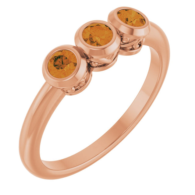 14K Gold Round Natural Citrine Three-Stone Bezel-Set Ring - Rose Gold