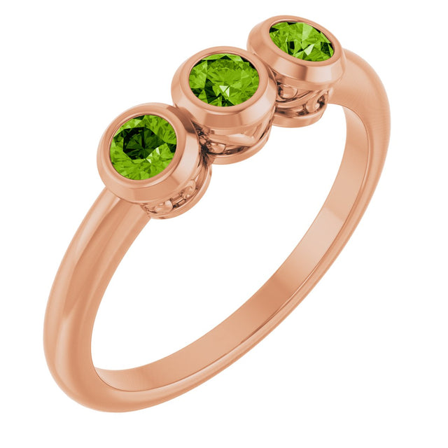 14K Gold Round Natural Peridot Three-Stone Bezel-Set Ring - Rose Gold