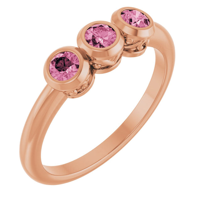 14K Gold Round Natural Pink Tourmaline Three-Stone Bezel-Set Ring - Rose Gold