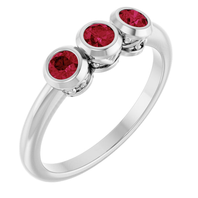 14K Gold Round Natural Ruby Three-Stone Bezel-Set Ring - White Gold
