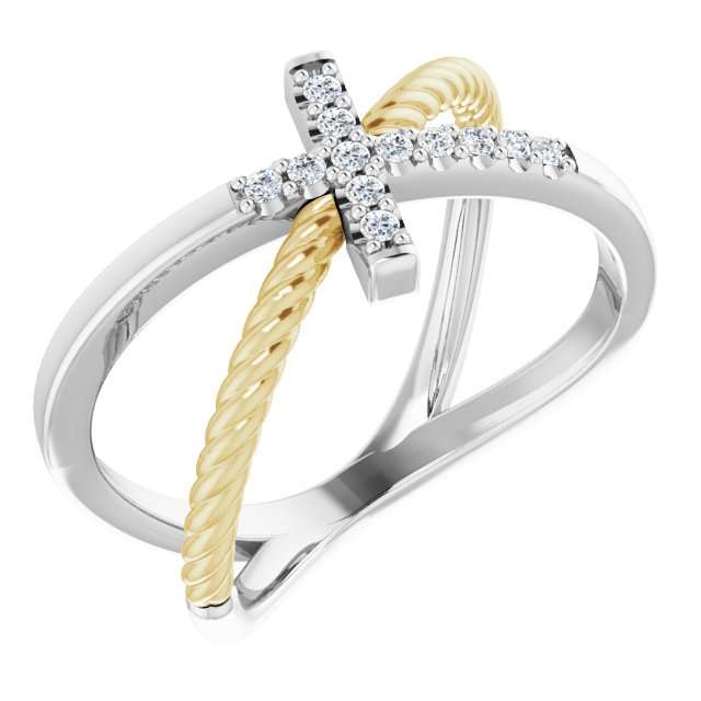 14K Gold Round Natural Diamond Accented Cross Rope Ring - Two-Tone