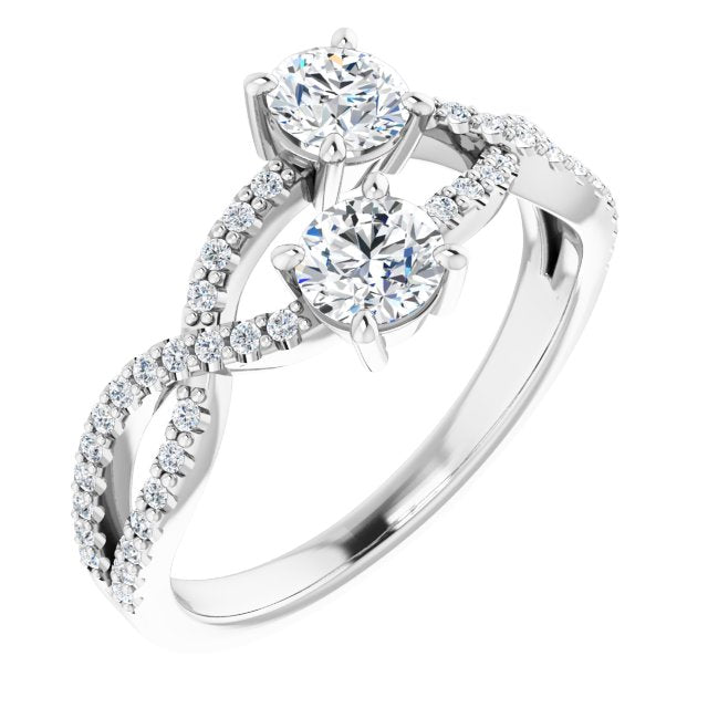 14K Gold Round Natural Diamond Two-Stone Criss-Cross Ring - White Gold