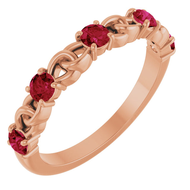 14K Gold Round Lab-Grown Ruby Accented Stackable Ring – 3mm Stones - Rose Gold