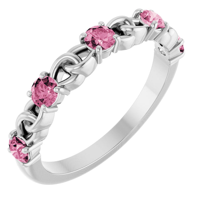 14K Gold Round Natural Pink Tourmaline Accented Stackable Ring – 3mm Stones - White Gold