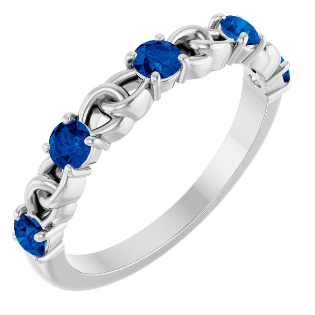 14K Gold Round Natural Blue Sapphire Accented Stackable Ring – 3mm Stones - White Gold