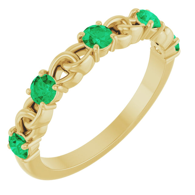 14K Gold Round Natural Emerald Accented Stackable Ring – 3mm Stones - Yellow Gold