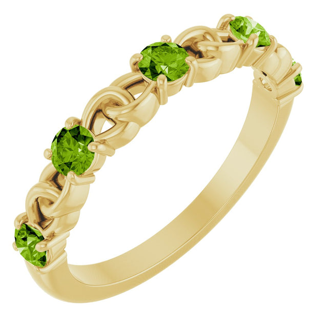 14K Gold Round Natural Peridot Accented Stackable Ring – 3mm Stones - Yellow Gold