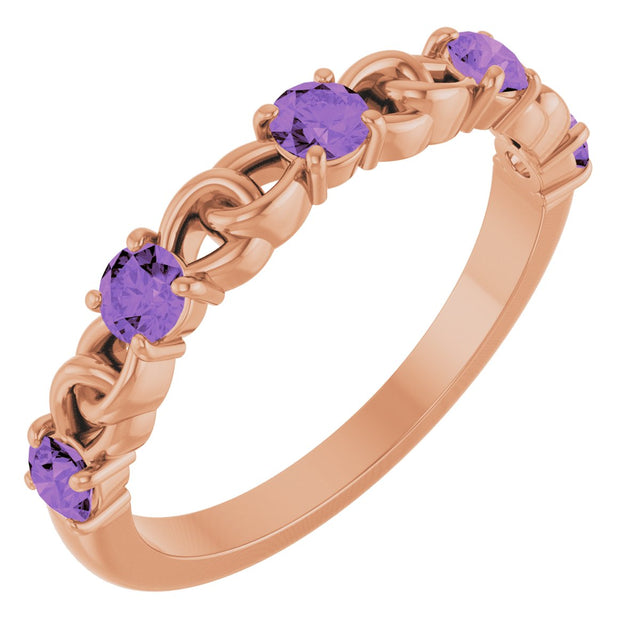 14K Gold Round Natural Amethyst Accented Stackable Ring – 3mm Stones - Rose Gold