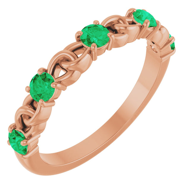 14K Gold Round Lab-Grown Emerald Accented Stackable Ring – 3mm Stones - Rose Gold