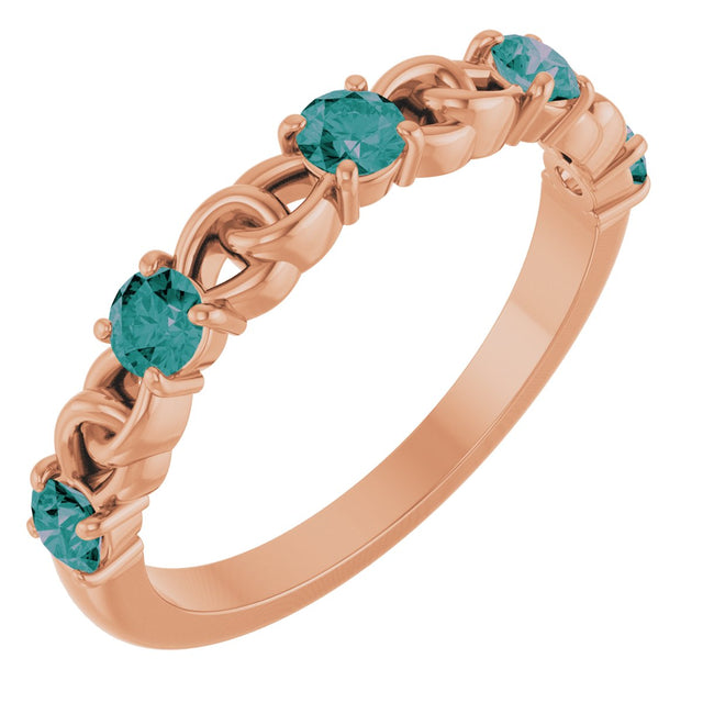 14K Gold Round Lab-Grown Alexandrite Accented Stackable Ring – 3mm Stones - Rose Gold