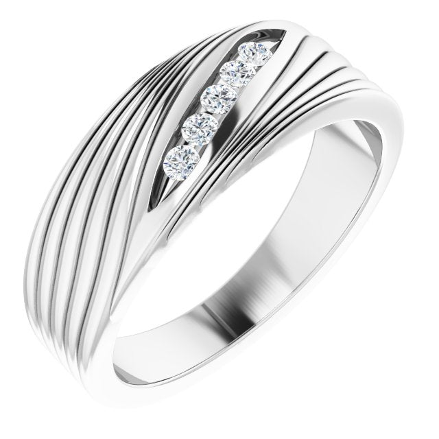 14K Gold Round Natural Diamond Grooved Accented Ring - White Gold
