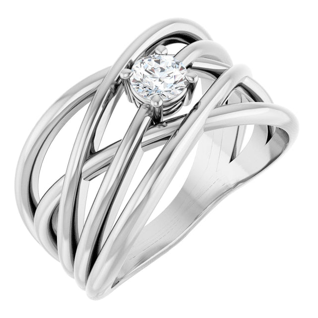 14K Gold Round Natural Diamond Solitaire Criss-Cross Ring - White Gold