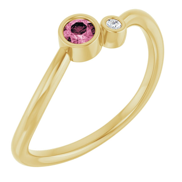 14K Gold Round Natural Pink Tourmaline Accented Bezel-Set Ring - Yellow Gold
