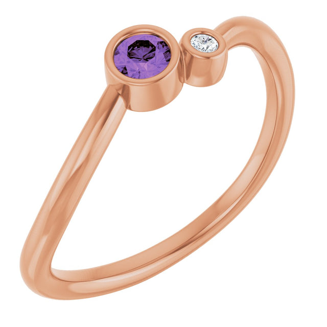 14K Gold Round Natural Amethyst Accented Bezel-Set Ring - Rose Gold
