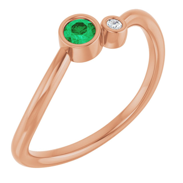 14K Gold Round Lab-Grown Emerald Accented Bezel-Set Ring - Rose Gold