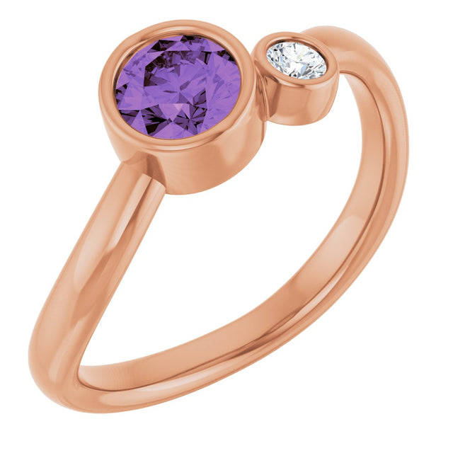 14K Gold Round Natural Amethyst Accented Bezel-Set Ring - Rose Gold