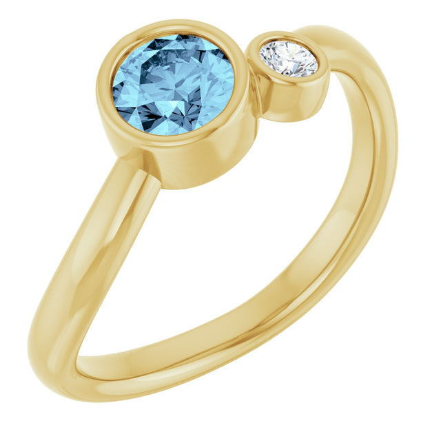 14K Gold Round Natural Aquamarine Accented Bezel-Set Ring - Yellow Gold