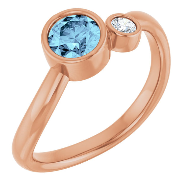 14K Gold Round Natural Aquamarine Accented Bezel-Set Ring - Rose Gold