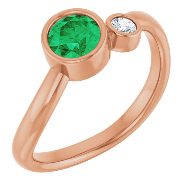 14K Gold Round Natural Emerald Accented Bezel-Set Ring - Rose Gold