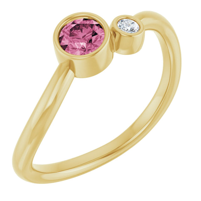 14K Gold Round Natural Pink Tourmaline Accented Bezel-Set Ring - Yellow Gold