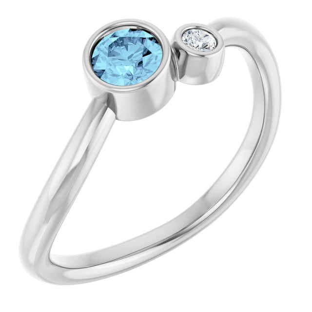 14K Gold Round Natural Aquamarine Accented Bezel-Set Ring - White Gold