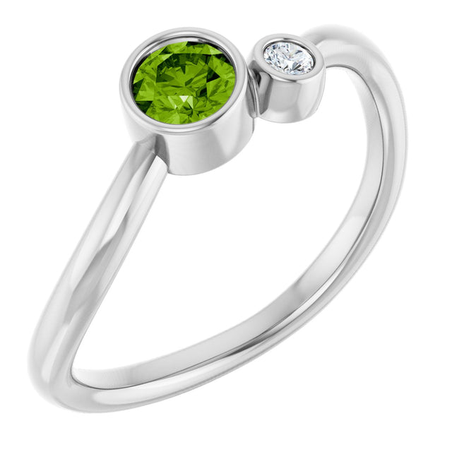 Platinum Round Natural Peridot Accented Bezel-Set Ring