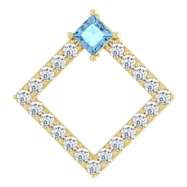 14K Gold Square Natural Aquamarine Accented Geometric Necklace or Pendant - Yellow Gold