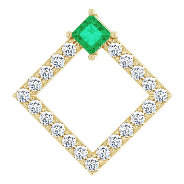 14K Gold Square Natural Emerald Accented Geometric Necklace or Pendant - Yellow Gold