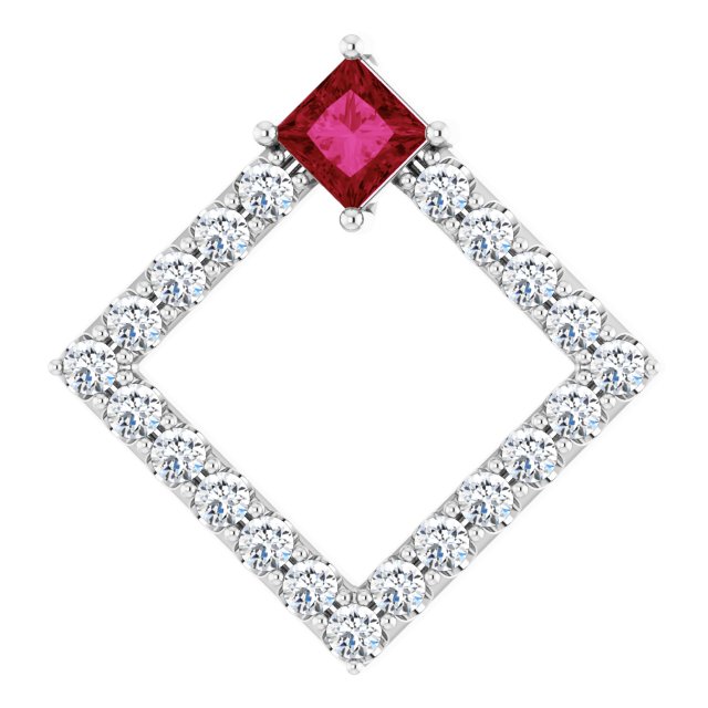 14K Gold Square Natural Ruby Accented Geometric Necklace or Pendant - White Gold