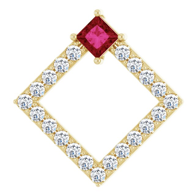 14K Gold Square Natural Ruby Accented Geometric Necklace or Pendant - Yellow Gold